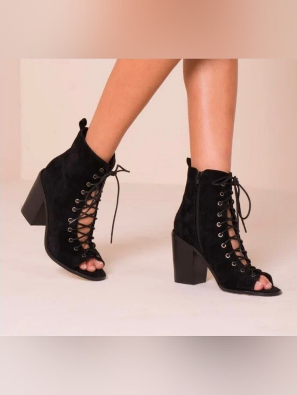 Jeffrey Campbell Black Lace-Up Peep Toe Block Heel Boots Size 7
